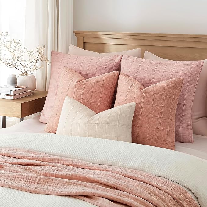 Foindtower Set of 2 Decorative Linen Check Throw Pillow Covers Neutral Farmhouse Vintage Cushion Covers Modern Boho Accent Home Decor for Sofa Chair Couch Bedroom Living Room,18×18 Inch,Coral Pink
