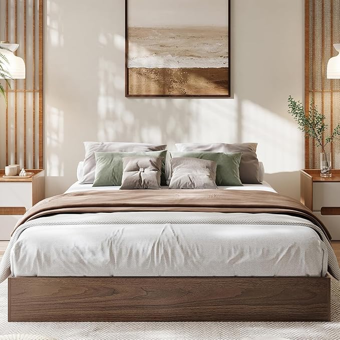 California King Size Solid Wood Platform Bed with Sturdy Wooden Slats, Floor-Standing Bed Frame, Modern Minimalist Design Bed Frame, No Box Spring Needed, Space Saver, Easy Assembly, Walnut Wood