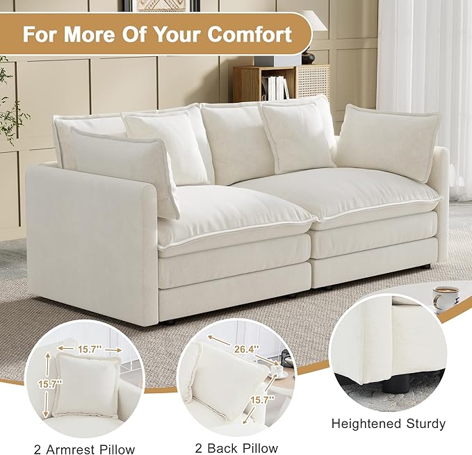 Modular Sectional Sofa, 76.7 Inch I-Shaped Cloud Sofa with Deep Seat Comfortable Chenille Sofa with Cushion Double Sectional Sofa for Living Room Apartment, White