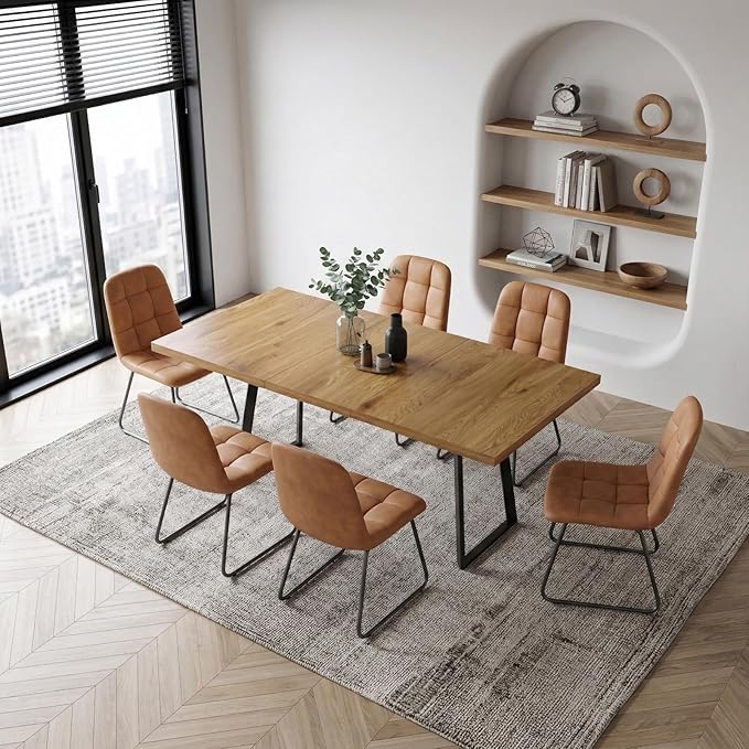 ZckyCine Extendable Dining Table Set 47"-63", Rustic Wood Table with 6 PU Leather Chairs, Modern Scandinavian Dining Room Furniture for Kitchen Apartment