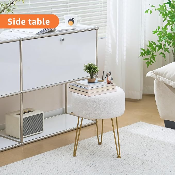 Vanity Stool, Teddy Velvet Ottoman Foot Stool, Dressing Table Seat with Metal Leg Vanity Chair for Bedroom, Living Room, Entryway, Offices