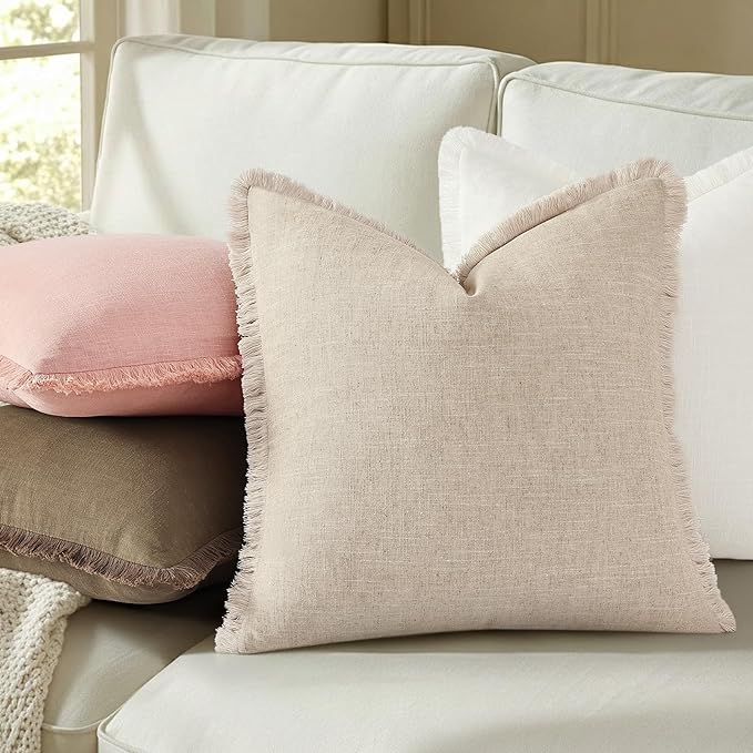 decorUhome Summer Decorative Neutral Linen Fringe Throw Pillow Covers Set of 2 Pink Pillow Covers with Tassels Soft Farmhouse Boho Accent Pillow Cases for Couch Bed Sofa 20x20 Inch