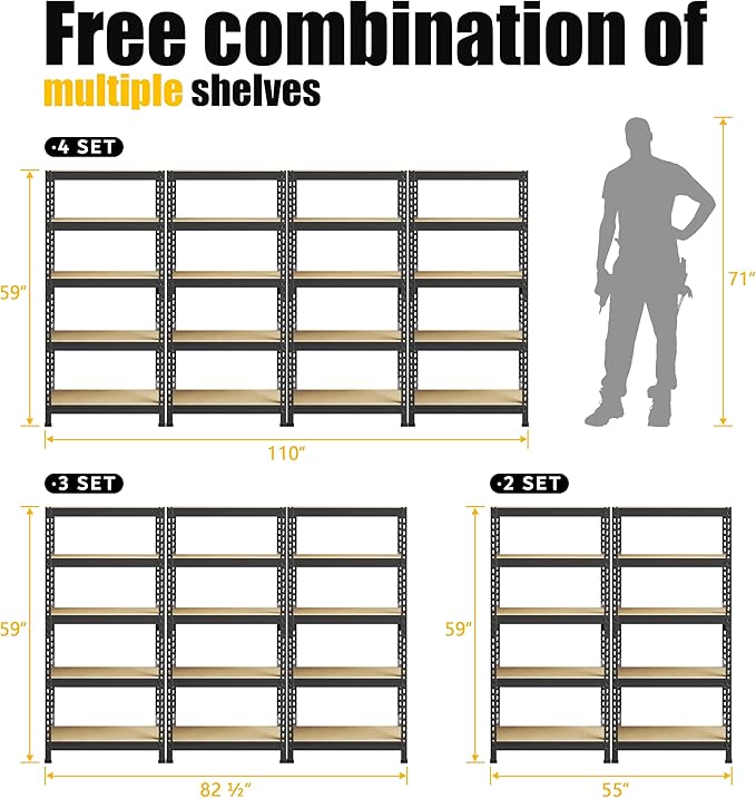 PrimeZone Storage Shelves 2 Pack 5 Tier Adjustable Garage Storage Shelving, Heavy Duty Metal Storage Utility Rack Organizer Shelf Unit for Warehouse Pantry Closet Kitchen Basement, Black