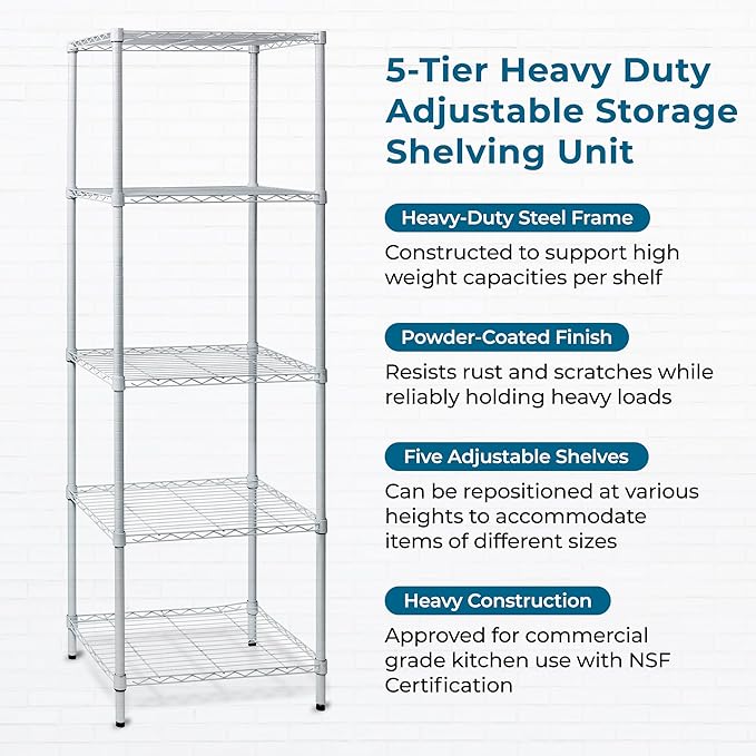 Honey-Can-Do 5-Tier Heavy-Duty Adjustable Shelves, Metal Storage Rack with 250-lb Shelf Capacity, White, 18" W x 24" L x 72" H