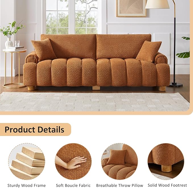 VANOMi Boucle Sofa Couch, 91" Comfy Tufted Upholstered Cloud Couches, Modern 3 Seater Sofa with Pillows, Oversized Deep Seat Sherpa Couch for Living Room, Bedroom, Apartment (Curry)