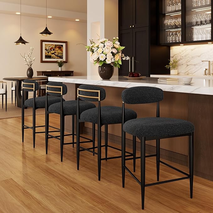 Morden Fort Modern Counter Height Bar Stools Set of 4, Black Upholstered Counter Stools with Gold Accent, 26" Boucle Island Chairs for Kitchen and Home Bar