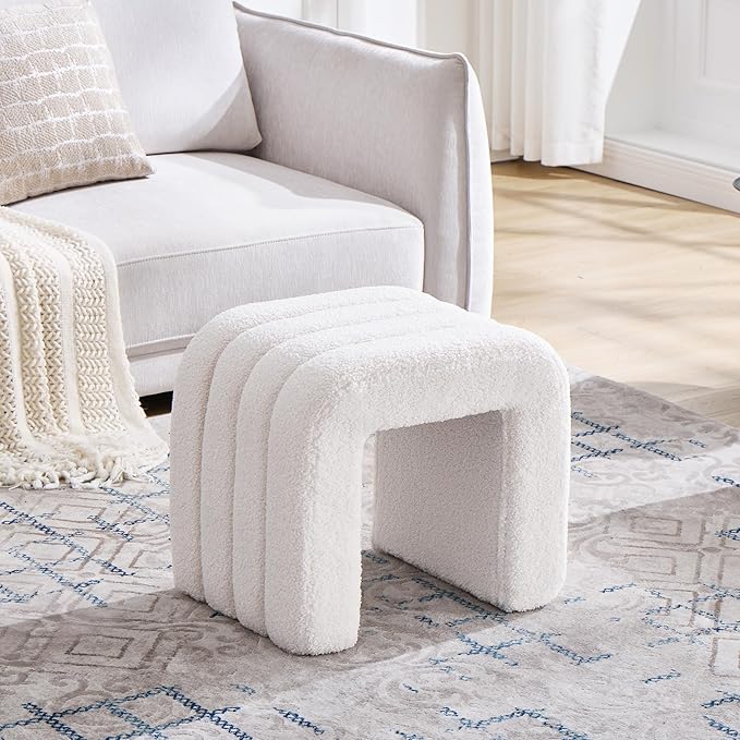 White Teddy Fleece Tufted Ottoman Stool, Small Arch Footrest for Couch, Modern Vanity Stool with Non-Slip Pads for Makeup Room, Living Room, Entryway, 15.4 x 19.3 x 17.9 Inches, 260lb Capacity