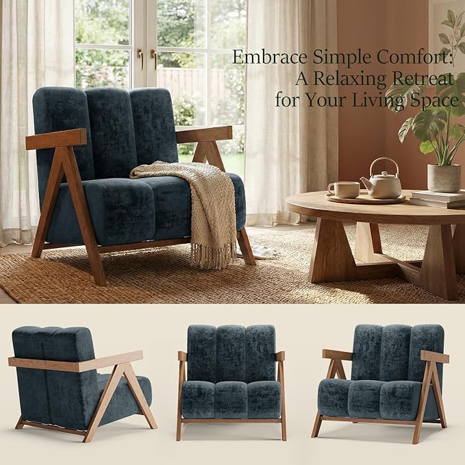 Modern Accent Chair for Living Room Bedroom,Comfy Chenille Reading Chair with Wood Frame,Oversized Upholstered Lounge Armchair with Thick High-Elastic Sponge for Apartment & Waiting Room (Blue,1)