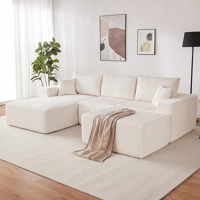 Weture 108” Modular Sectional Couches, Modern Modular U-Shape Sofa with Chaise, Cloud Sectional Couch with Deep Seat, Upholstered Boneless Sofa for Living Room (Corduroy, Beige)