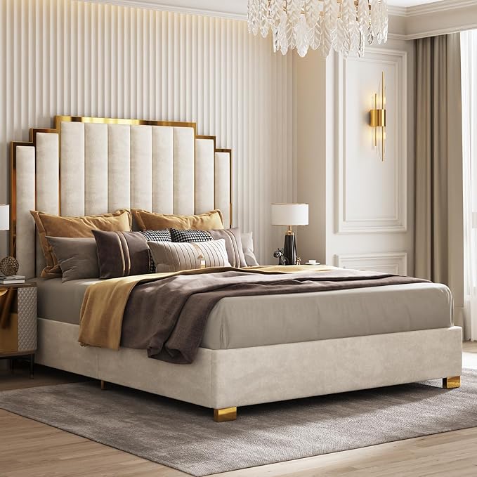 AMERLIFE King Size Upholstered Bed, Modern Velvet Bed Frame with 65.4” Tall Gold Trim Headboard, No Box Spring Needed, Cream