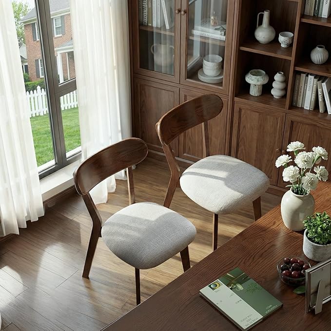 100% Solid Wood Dining Chairs,Mid Century Modern Dining Chairs with Upholstered Cushion,Kitchen,Dining Room Chairs Set of 1/2/4 (1, Walnut Color Grey Upholstery)