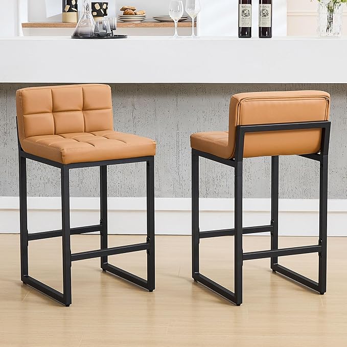 FIRAVOE Counter Height Bar Stools Set of 2, Modern Faux Leather Counter Stools with Low Back and Footrest, Upholstered Bar Chairs for Kitchen Island, Bar (Caramel Brown, 2Pcs 26" Counter Stools)