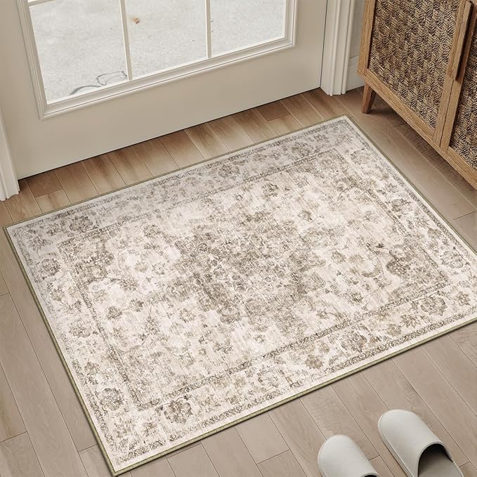 2x3 Washable Neutral Area Rug Brown Vintage Entryway Kitchen Carpet Non-Slip Soft Low Pile Farmhouse Indoor Small Throw Rug for Bedroom Bathroom Entrance