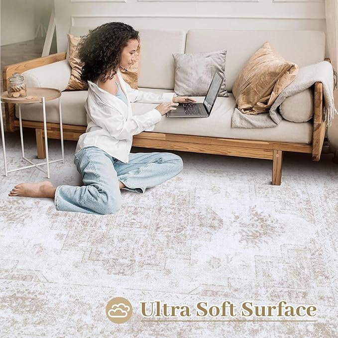 XLUEZ Area Rug 8x10 Living Room Rug, Machine Washable Vintage Distressed Medallion Rug Non-Slip Soft Low Pile Large Indoor Rugs for Bedroom Kitchen Dining Room Office(Beige,8'x10')