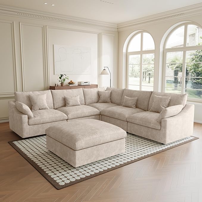 Modular Sectional Sofa Cloud Couch, Oversized 5 Seater Sofa with Ottoman, Extra Large V Shaped Deep Seat Sectional Couches for Living Room, Khaki Sofa Covers Washable&Removable