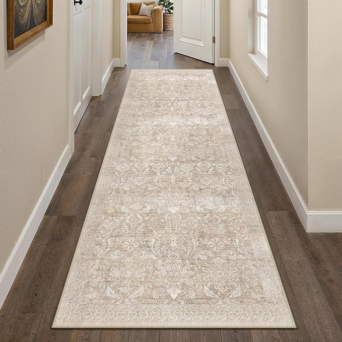PureCozy Beige Runner Rug 3x8 Washable Neutral Hallway Kitchen Carpet Vintage Non Slip Indoor Low Pile Soft Thin Retro Floral Accent Throw Long Rug for Bathroom Office Laundry Dining Living Room