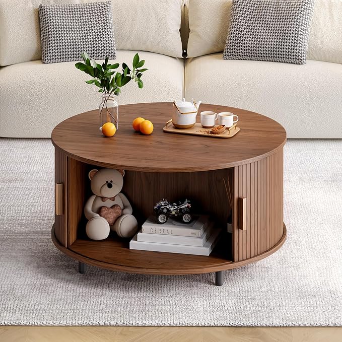 ONBRILL Round Coffee Table with Storage, 31.5" Modern Coffee Table with 360° Curved Sliding Door, Fluted Wood Accent Coffee Table with Adjustable Footpads, Round Center Table for Living Room, Walnut