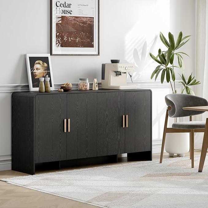 ONBRILL 60" Sideboard Buffet Cabinet with Storage, Curved Design Farmhouse Modern Coffee Bar Cabinet with 4 Doors & Adjustable Shelves for Living Room, Kitchen, Hallway, Black