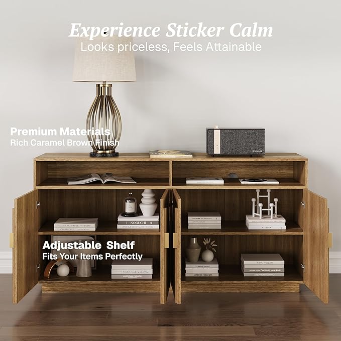 BELLEZE 65-inch Fluted Sideboard with Open Shelf, Mid Century Modern Sideboard with Adjustable Shelves & Cable Management, Wooden Accent Cabinet for Dining Room, Living Room - Caramel Brown