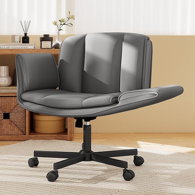 HeroSet Criss Cross Chair with Wheels & Armrests,Comfy Wide Vanity Chair,Scratch-Resistant Pu Leather Cross Legged Desk Chair,Height Adjustable Computer Office Desk Chairs for Home,Makeup,Bedroom