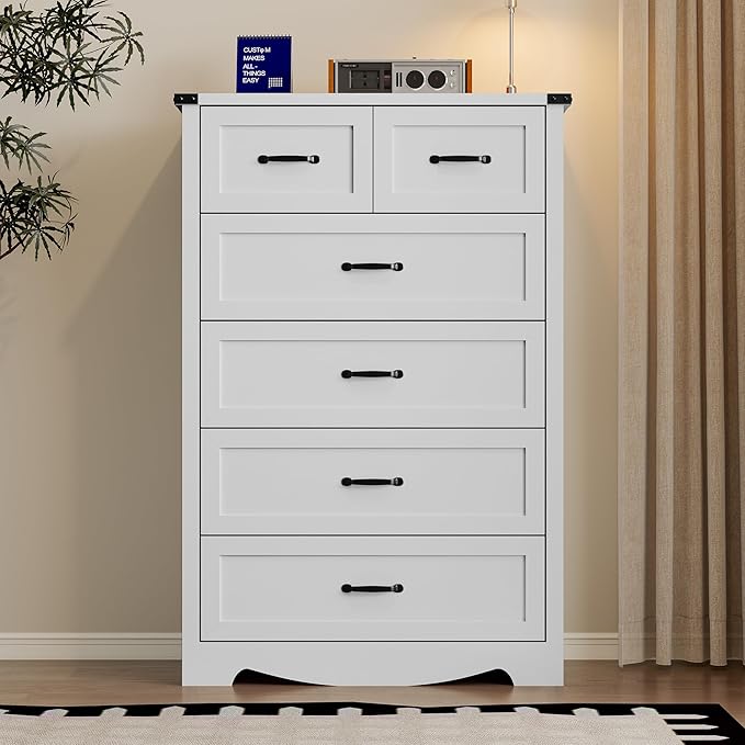 BORNOON Tall 6-Drawer Dresser for Bedroom, Modern Wooden Chest of Drawers with Metal Handles, Anti-Tipping Design, Sturdy and Stable Storage Organizer for Living Room, Entryway, Home Office