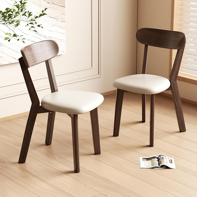 Dining Chairs Set of 2 Mid-Century Modern Oak Upholstered Leather Scandinavian Solid Wood Kitchen & Dining Room Chairs with Curved Backrest Sillas de Comedor for Dining Table(Walnut/Beige)