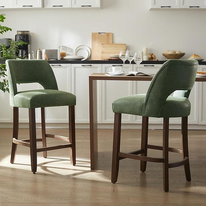 VKNOW 26" Bar Stools Set of 2, Faux Leather Counter Height Bar Stools with Backrest and Rubberwood Legs, Upholstered Barstools for Kitchen Island, Bar and Dining Room, Green