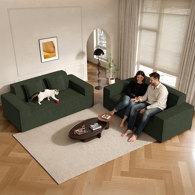 75'' Cloud Loveseat Sofa, No Assembly Required Comfy Deep Seat Couches 1 pcs for Living Room, Bedroom, Apartment(Teddy Fabric-Green)