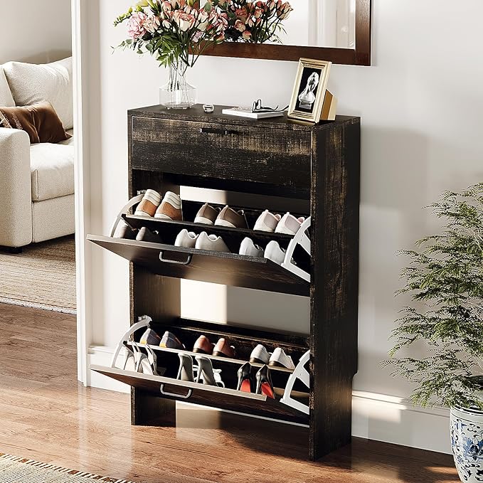 VINGLI Set of 2 Dark Rustic Oak Shoe Cabinet for Entryway, 2-Pack Ultra Slim Shoe Organizer with 2 Flip & 1 Drop-Down Drawers, 24.8" W Narrow Shoe Cabinet for Front Door, Modern Dark Wood Shoes Rack