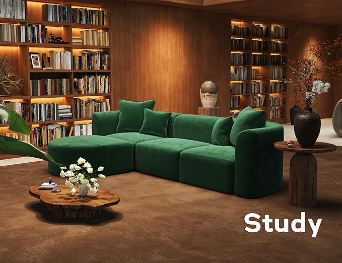 116" Modular Sectional Couches with Ottoman, Luxury Modern Curved Back Sofa, Minimalist Style Oversized 4 Seat Deep Comfy Convertible L Shape Boneless Couch for Living Room Studio Apartment, Green