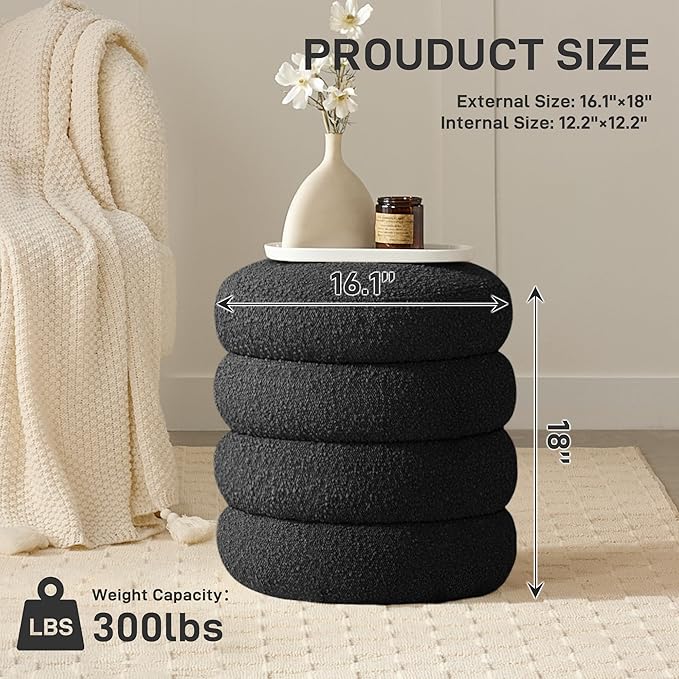 Krcix Round Ottoman with Storage Boucle Ottoman Stool with Storage Removable Lid for Living Room Modern Vanity Sorage Stool Foot Rest Bedroom Dorm Gift Set of 1 (Black)