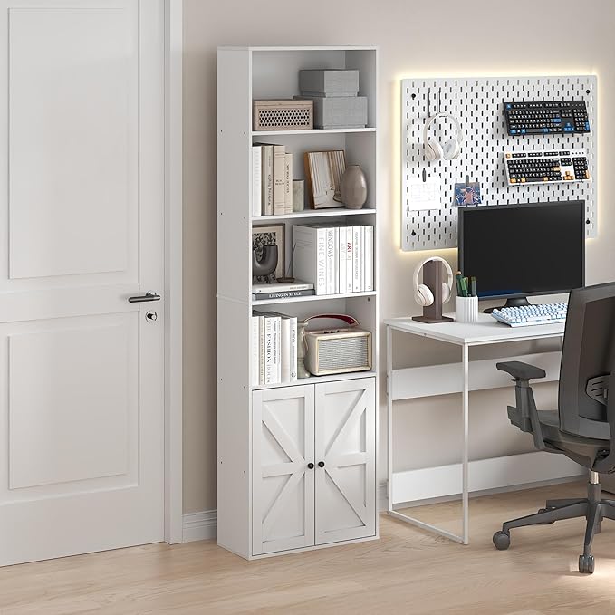 Furinno Jensen Book Shelf, 6-Tier Farmhouse Bookshelf, Display Bookcase with Doors, 9.2" x 21.6" x 71.2", for Organization and Storage, for Living Room, Bedroom, Home Office, White