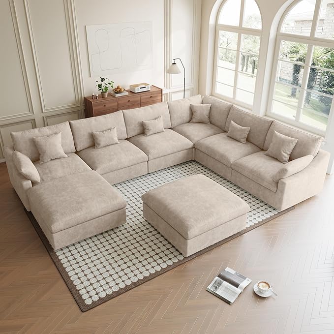 Modular Sectional Sofa Cloud Couch, Oversized 8 Seater Sofa with Ottomans, Extra Large U Shaped Deep Seat Sectional Couches for Living Room, Khaki Sofa Covers Washable&Removable