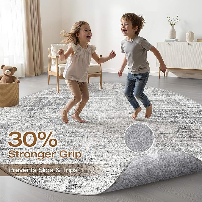 10ft Round Rug Living Room: 10x10 Washable Large Neutral Grey Circle Area Rug Abstract Soft Modern Stain Resistant Indoor Floor Non-Slip Carpet for Bedroom Nursery Kids Office Playroom Dining Room