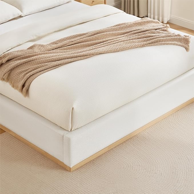 KISLOT Upholstered Queen Size Bed Frame, Boucle Fabric Platform Bed Mattress Foundation Noise-Free No Box Spring Needed Easy Assembly