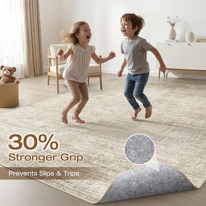 7x10 Area Rug Living Room: Washable Large Neutral Beige Rug Abstract Soft Modern Stain Resistant Indoor Floor Non-Slip Carpet for Bedroom Nursery Kids Office Playroom Dining Room Under Table Home