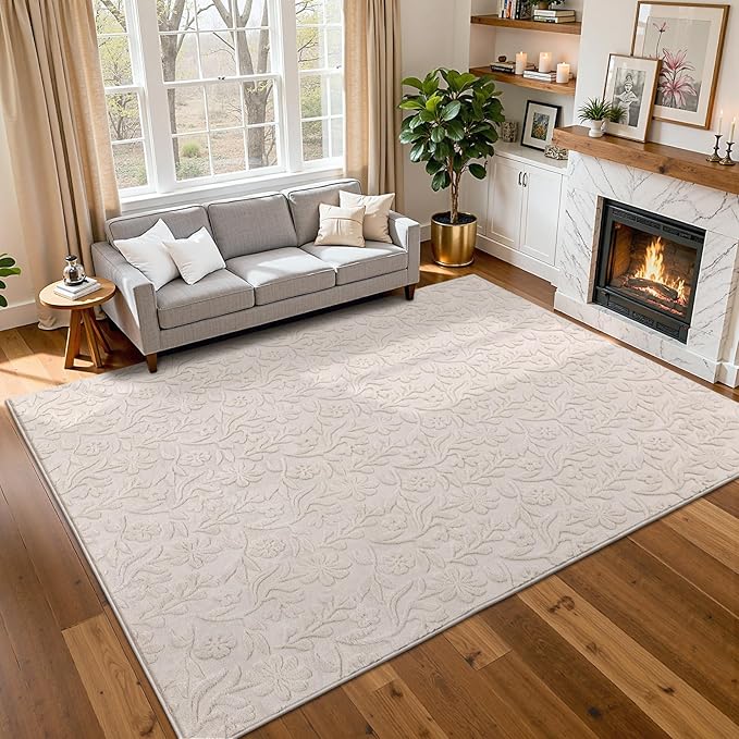 Vaukki 6x9 Area Rug for Living Room, Soft Fluffy Washable Modern Floral Indoor Floor Mat, Non Slip Shaggy Boho Accent Throw Carpet for Bedroom, Living Room, Nursery and Dining Room, Beige