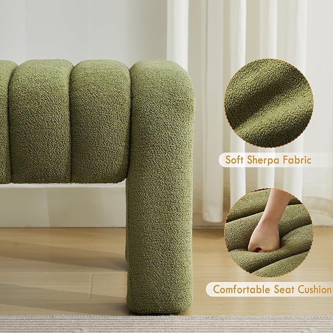 43" Boucle Bed Bench, Upholstered Channel Tufted Bench for Entryway, Accent Window Seat for Living Room, Modern Minimalist Ottoman Foot Stool, Linen Green