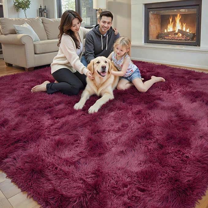 Shaggy Rugs for Bedroom Living Room Dorm Nursery Home Decor Aesthetic (Burgundy, 5 x 8)