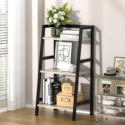 3-Tier Bookshelf, Ladder Shelf, Stand up Shelves, Industrial Bookcase with Steel Frame, Metal Small Bookcase, for Living Room, Home Office, Kitchen, Bedroom, Industrial Style（Greige & Black）