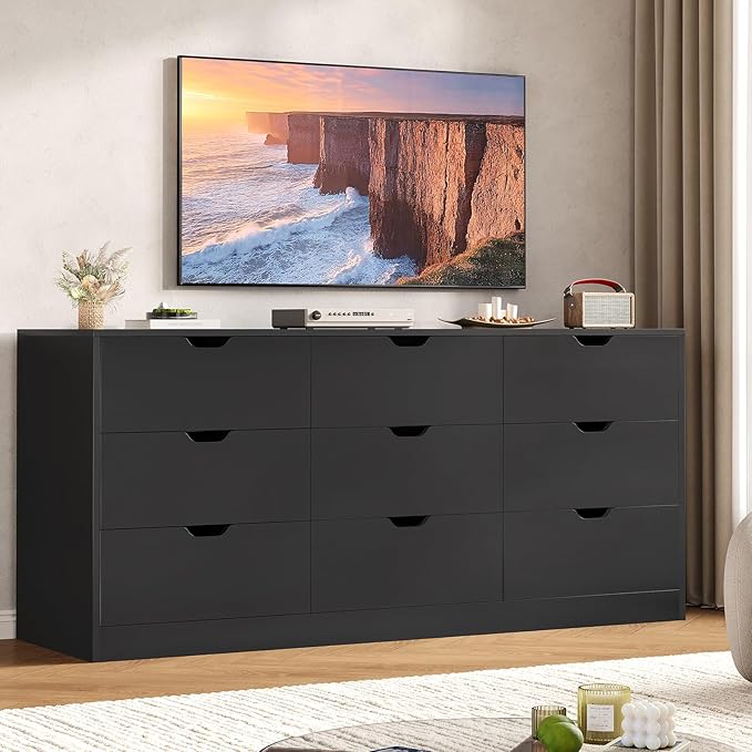HAUOMS 9 Drawer Dresser for Bedroom, Large Black Chest of Drawers for Bedroom,Long Modern Dressers with Drawers for Living Room, Hallway