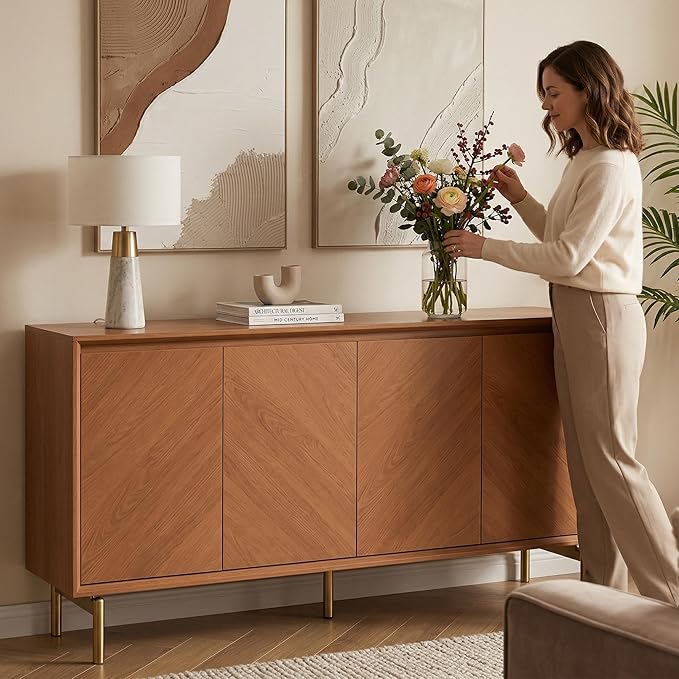 JOINICE Storage Cabinet, 59" Sideboard Buffet Cabinet with 4 Doors, Mid-Century Modern Wood Accent Cabinet, Chevron Pattern Credenza for Dining Room, Living Room, Entryway, Brown