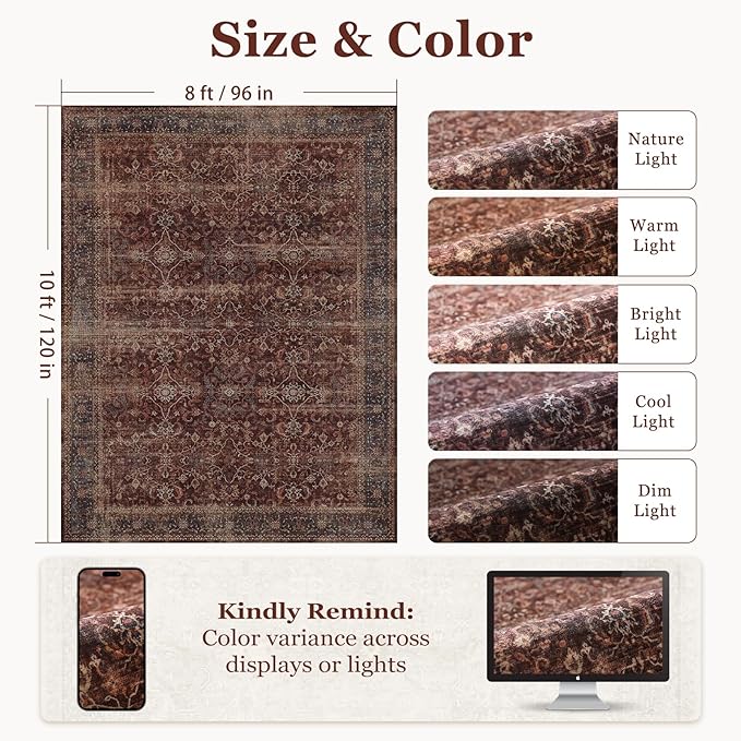 Washable Rugs 8x10 Brick Red, Earth Tone Thin Area Rugs for Living Room, Vintage Distressed Bedroom Rug Non Slip Stain Resistant, Carpet Rug for Dining Room/Kitchen/Home Office/Family Room