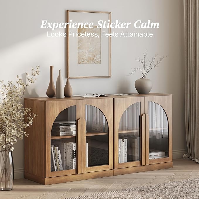 BELLEZE Set of 2 Modern Sideboard Buffet Cabinets (63" Wide) - Large Kitchen Credenza with 4 Arched Glass Doors - Seamless Storage Console Table for Dining Room, Living Room & TV Stand - Camel