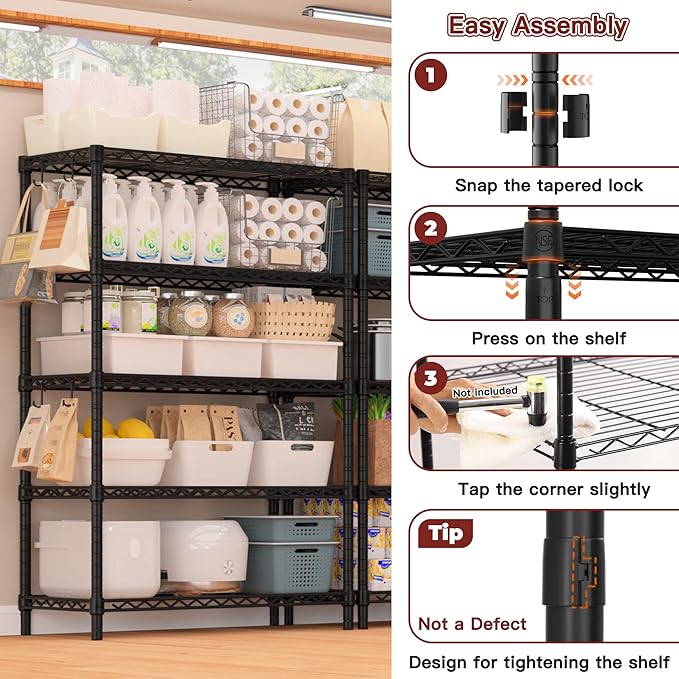 PrimeZone Wire Metal Storage Shelves - 5 Tier Adjustable NSF Certified Heavy Duty Garage Shelving Unit Organizer Rack, Steel Utility Shelf for Kitchen, Pantry, 35.5" W x 14" D x 72" H, Black, 2 Packs