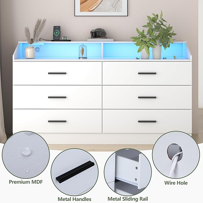 Gyfimoie 6 Drawer Dresser with Power Outlet, Chest of Drawers with LED Light, Modern Dresser with Open Storage Cubby, Double Wide Dressers Organizer for Bedroom, Living Room, Entryway, Hallway