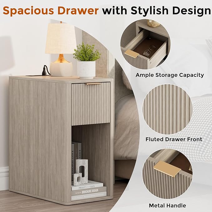 Homleke Narrow End Table with Fluted Drawer and Charging Station, Small Nightstand with USB Ports & Outlets, Bedside Table for Bedroom or Living Room, Modern Accent Table, Light Gray Birch
