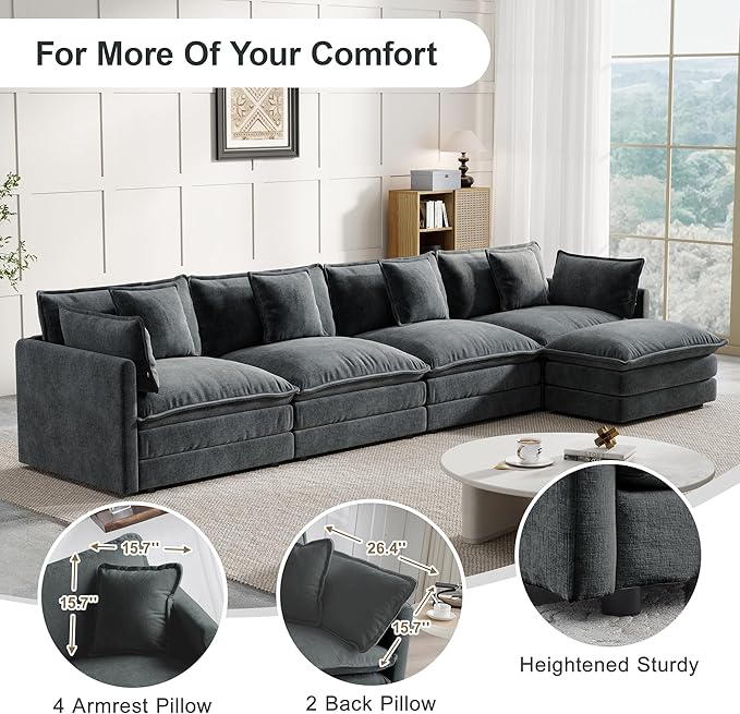 Modular Sectional Sofa, 146.5 Inch L-Shaped Cloud Sofa with Deep Seat Chenille Sofa with Cushions, Four Seater Sectional Sofa for Living Room Apartment,Gray