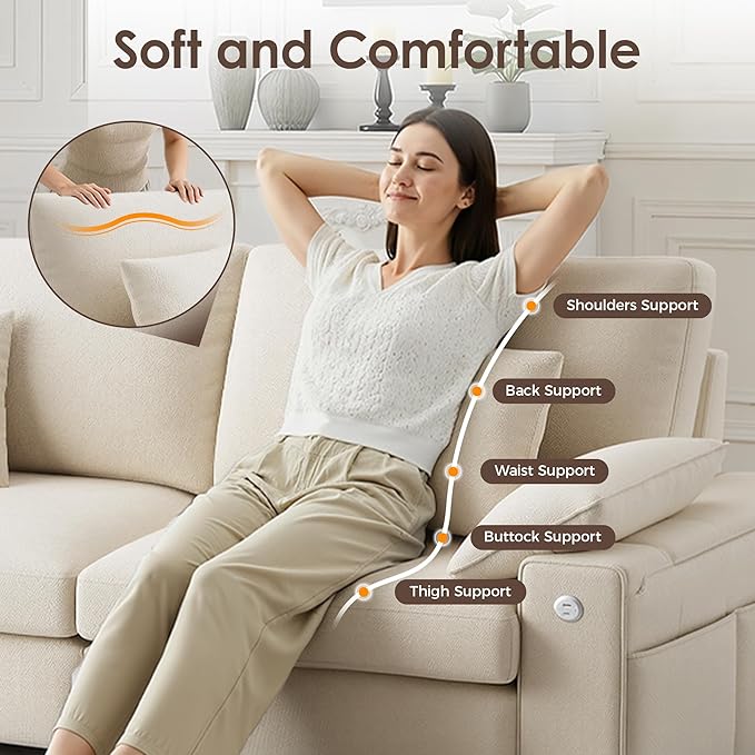 88.58" 3 Seats Deep Seat Sofa Couch, Beige | Side Storage, Removable Cover, Wide Armrest, Fabric, For Small Space