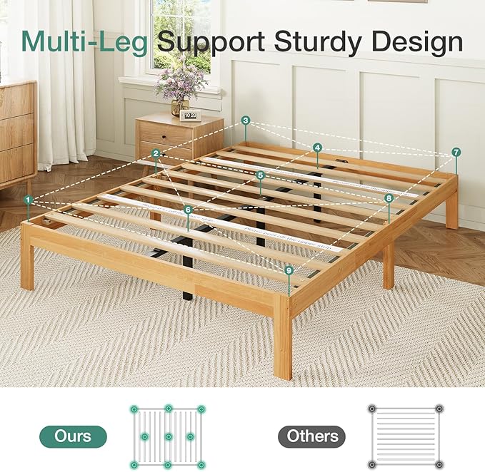 Novilla 12 Inch Queen Bed Frame, Wooden Platform Bed Frame Queen Size, Queen Size Bed Frame Without Headboard, Sturdy Wood Slat Support, No Box Spring Needed, Easy Assembly, Natural Grain Wood